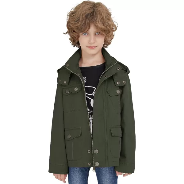 WenVen Boys Lightweight Casual Cotton Military Jacket Outerwear with HoodGreen