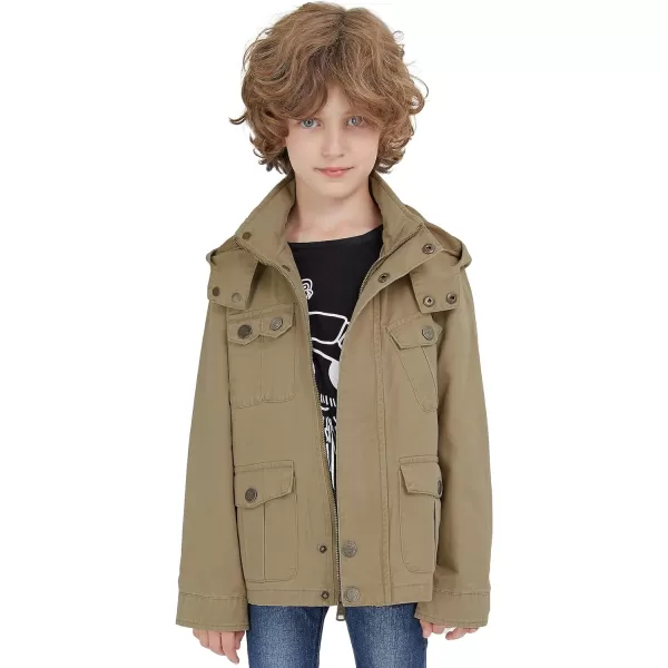 WenVen Boys Lightweight Casual Cotton Military Jacket Outerwear with HoodKhaki