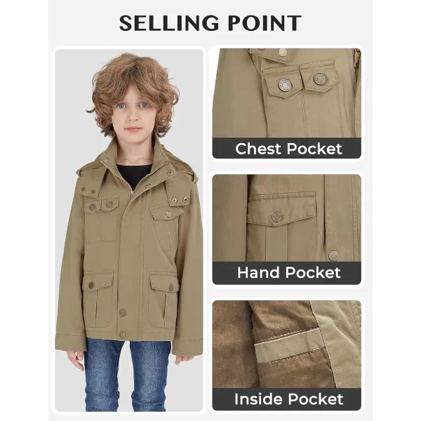 WenVen Boys Lightweight Casual Cotton Military Jacket Outerwear with HoodKhaki