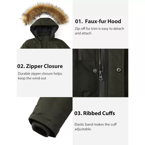WenVen Boys Winter Coat Thickened Quilted Down Waterproof Jacket Hooded Parker Coat with Detachable Fur CoverArmy Green