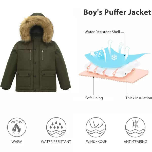 WenVen Boys Winter Coat Thickened Quilted Down Waterproof Jacket Hooded Parker Coat with Detachable Fur CoverArmy Green