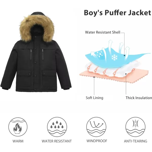 WenVen Boys Winter Coat Thickened Quilted Down Waterproof Jacket Hooded Parker Coat with Detachable Fur CoverBlack