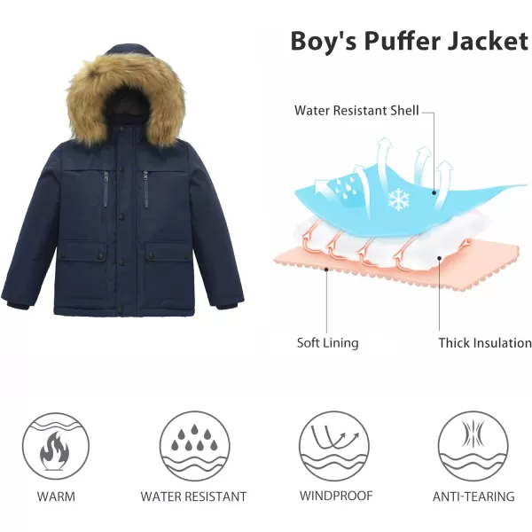 WenVen Boys Winter Coat Thickened Quilted Down Waterproof Jacket Hooded Parker Coat with Detachable Fur CoverNavy