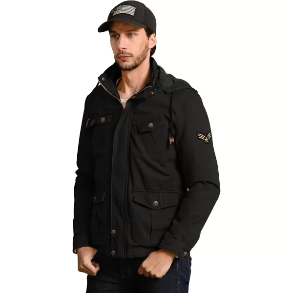 WenVen Mens Casual Canvas Cotton Jacket Hooded Military Utility JacketDark Black