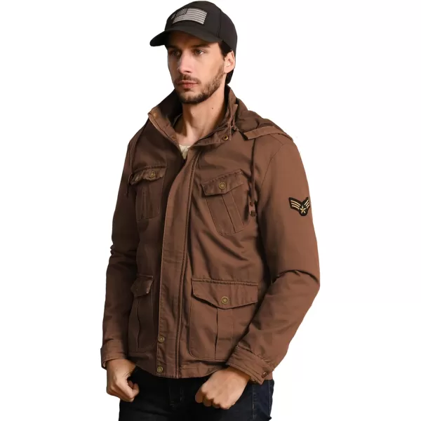 WenVen Mens Casual Canvas Cotton Jacket Hooded Military Utility JacketDeep Brown