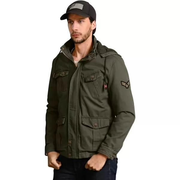 WenVen Mens Casual Canvas Cotton Jacket Hooded Military Utility JacketMilitary Green