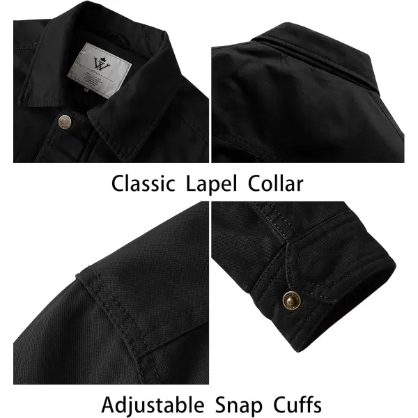 WenVen Mens Casual Canvas Cotton Military Lapel JacketBlack