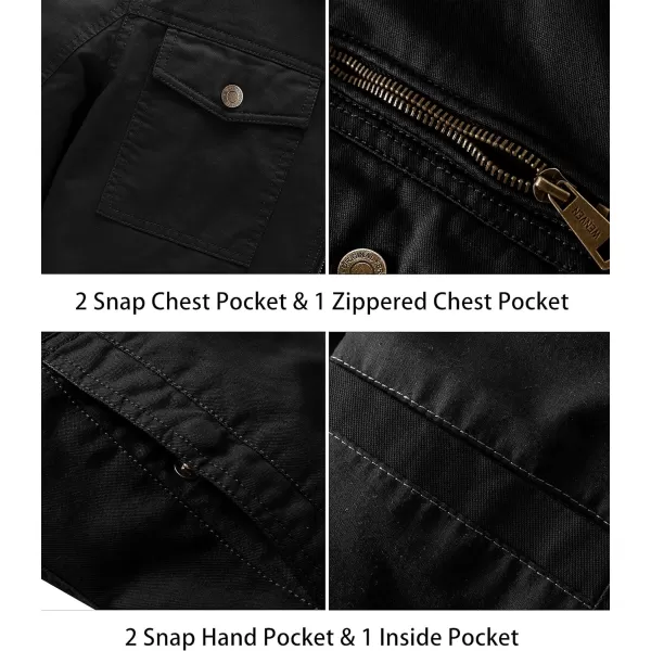 WenVen Mens Casual Canvas Cotton Military Lapel JacketBlack