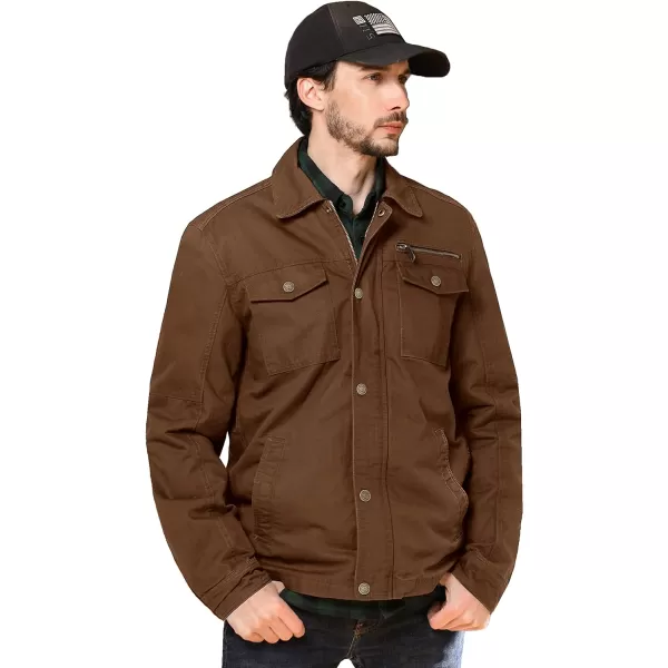 WenVen Mens Casual Canvas Cotton Military Lapel JacketCoffee