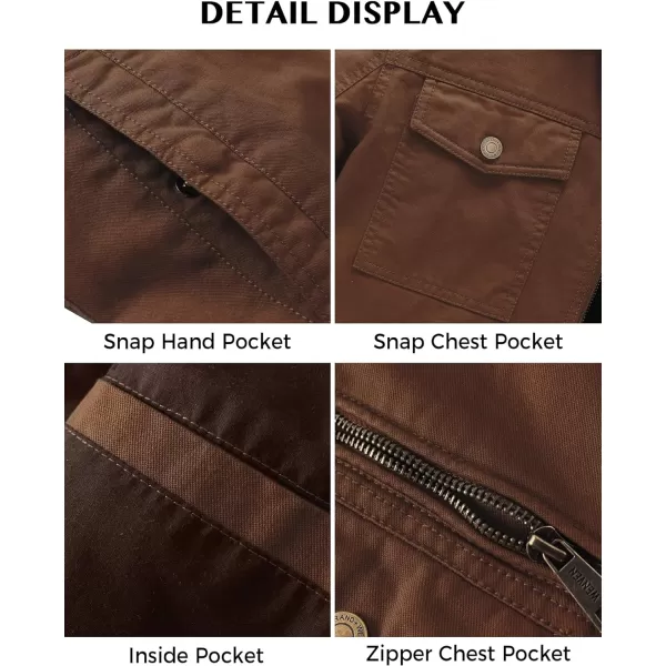 WenVen Mens Casual Canvas Cotton Military Lapel JacketCoffee