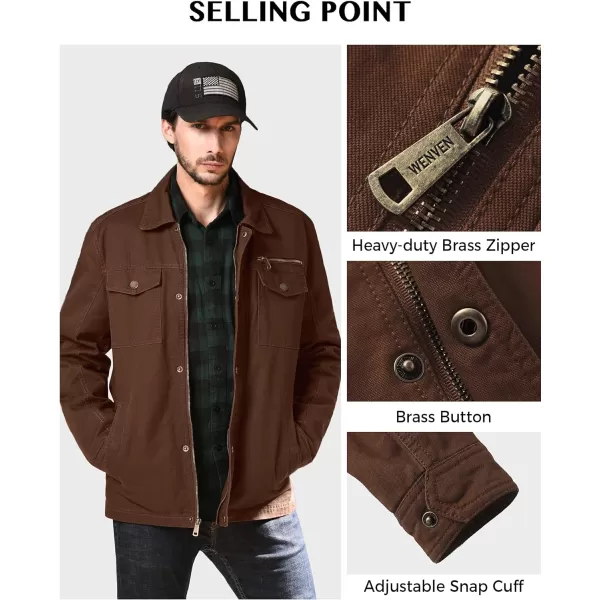 WenVen Mens Casual Canvas Cotton Military Lapel JacketCoffee