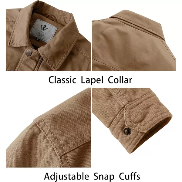 WenVen Mens Casual Canvas Cotton Military Lapel JacketKhaki