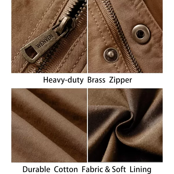 WenVen Mens Casual Canvas Cotton Military Lapel JacketKhaki