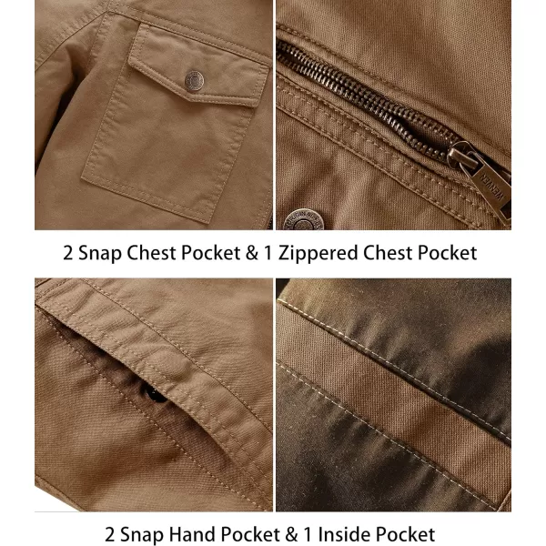 WenVen Mens Casual Canvas Cotton Military Lapel JacketKhaki
