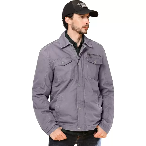 WenVen Mens Casual Canvas Cotton Military Lapel JacketLight Grey