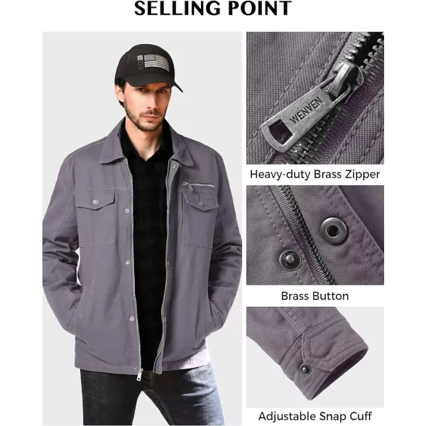 WenVen Mens Casual Canvas Cotton Military Lapel JacketLight Grey