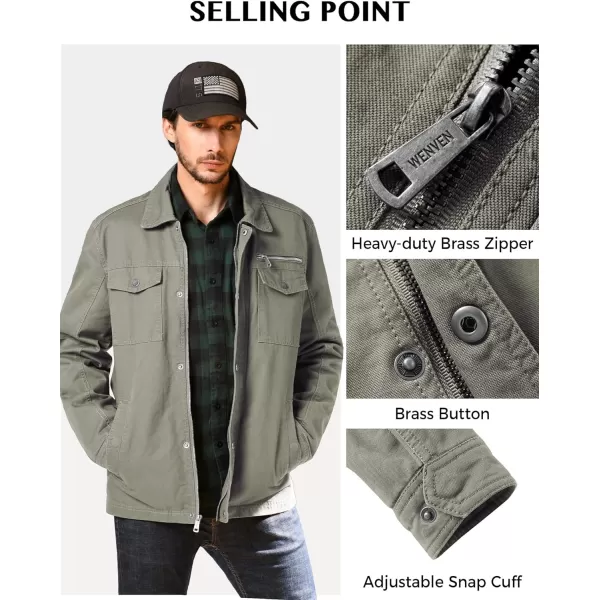 WenVen Mens Casual Canvas Cotton Military Lapel JacketLight Olive