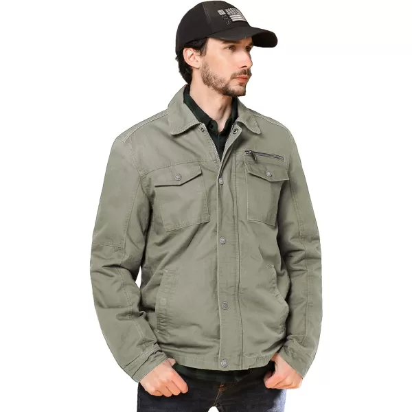 WenVen Mens Casual Canvas Cotton Military Lapel JacketLight Olive
