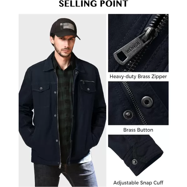 WenVen Mens Casual Canvas Cotton Military Lapel JacketNavy
