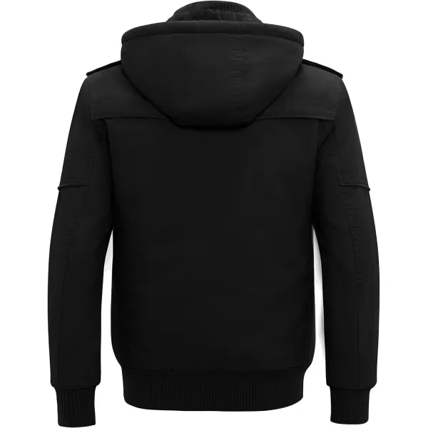 WenVen Mens Thick Winter Windproof Jacket Wool Lining Cotton Military Coat With Detachable HoodBlack