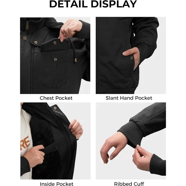 WenVen Mens Thick Winter Windproof Jacket Wool Lining Cotton Military Coat With Detachable HoodBlack