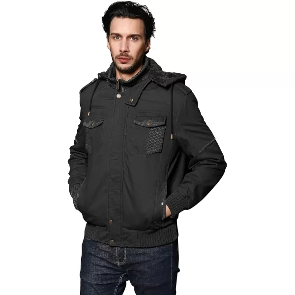 WenVen Mens Thick Winter Windproof Jacket Wool Lining Cotton Military Coat With Detachable HoodBlack