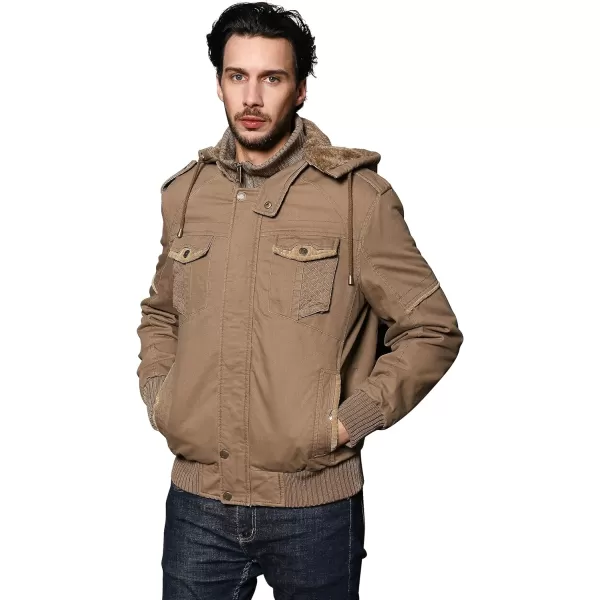 WenVen Mens Thick Winter Windproof Jacket Wool Lining Cotton Military Coat With Detachable HoodCamel