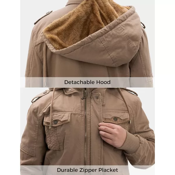 WenVen Mens Thick Winter Windproof Jacket Wool Lining Cotton Military Coat With Detachable HoodCamel