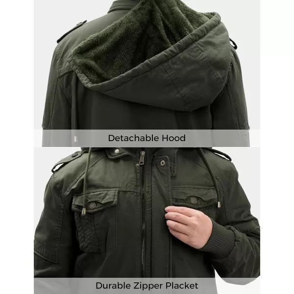WenVen Mens Thick Winter Windproof Jacket Wool Lining Cotton Military Coat With Detachable HoodMilitary Green