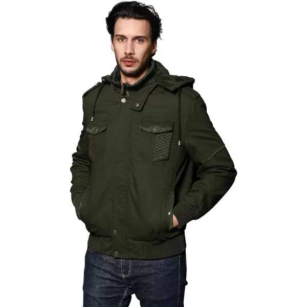 WenVen Mens Thick Winter Windproof Jacket Wool Lining Cotton Military Coat With Detachable HoodMilitary Green