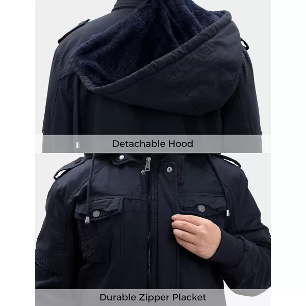 WenVen Mens Thick Winter Windproof Jacket Wool Lining Cotton Military Coat With Detachable HoodNavy