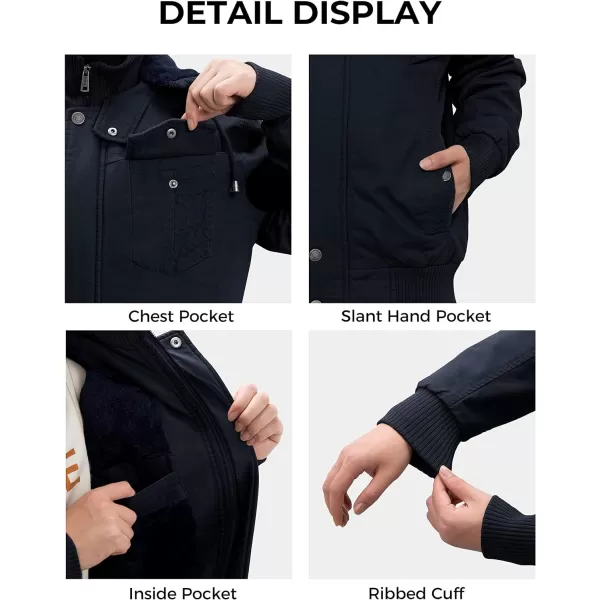 WenVen Mens Thick Winter Windproof Jacket Wool Lining Cotton Military Coat With Detachable HoodNavy