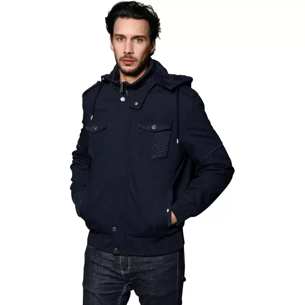 WenVen Mens Thick Winter Windproof Jacket Wool Lining Cotton Military Coat With Detachable HoodNavy