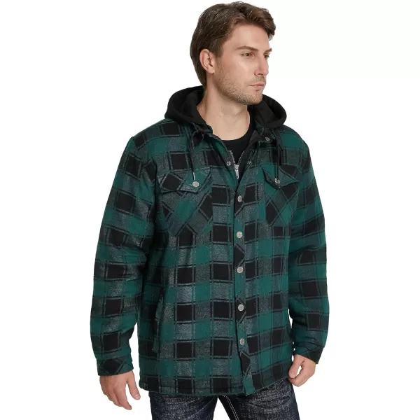 WenVen Mens Winter Hooded Plaid Shirt Jacket Sherpa Lining Shirt Jacket Lightweight and Comfortable Casual CoatBlack Green