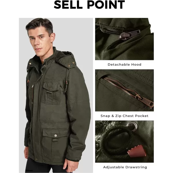 WenVen Mens Winter Jacket Sherpa Lining Wool Trench Coat Casual Warm Parka Coat With Detachable HoodArmy Green