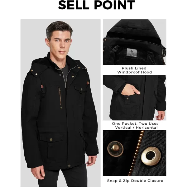 WenVen Mens Winter Jacket Sherpa Lining Wool Trench Coat Casual Warm Parka Coat With Detachable HoodBlack