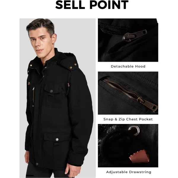 WenVen Mens Winter Jacket Sherpa Lining Wool Trench Coat Casual Warm Parka Coat With Detachable HoodBlack