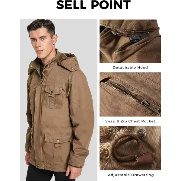 WenVen Mens Winter Jacket Sherpa Lining Wool Trench Coat Casual Warm Parka Coat With Detachable HoodKhaki