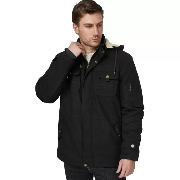 WenVen Mens Winter Sherpa Parka Mid Length Thicken Military Style Warm Jacket with Removable HoodBlack