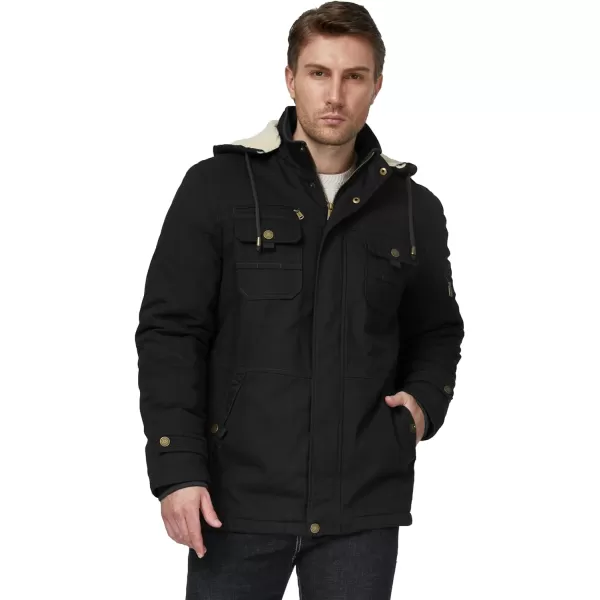 WenVen Mens Winter Sherpa Parka Mid Length Thicken Military Style Warm Jacket with Removable HoodBlack