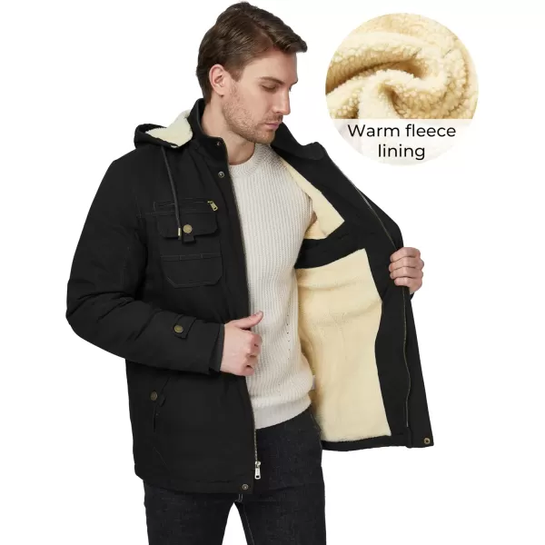 WenVen Mens Winter Sherpa Parka Mid Length Thicken Military Style Warm Jacket with Removable HoodBlack
