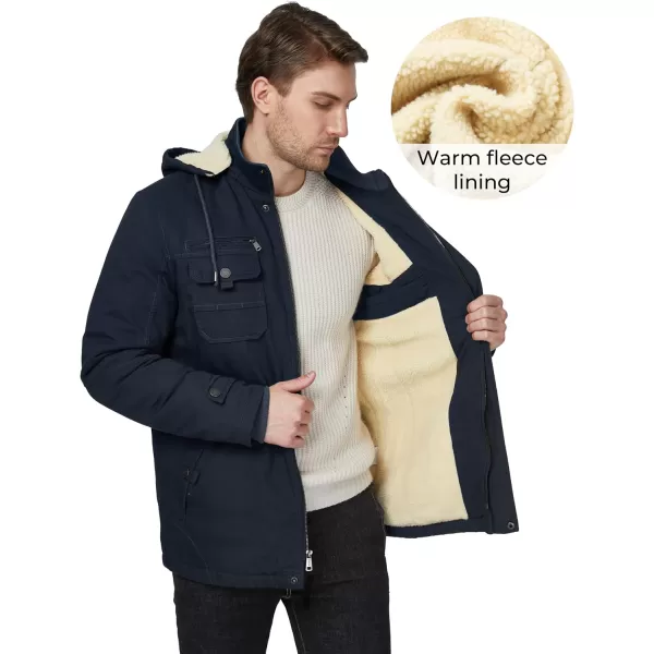 WenVen Mens Winter Sherpa Parka Mid Length Thicken Military Style Warm Jacket with Removable HoodNavy