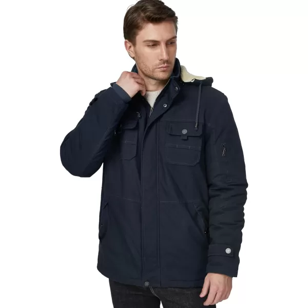 WenVen Mens Winter Sherpa Parka Mid Length Thicken Military Style Warm Jacket with Removable HoodNavy