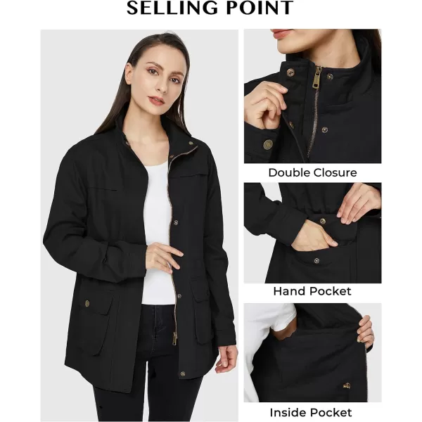 WenVen Womens Casual Military Jacket Cotton Stand Collar Utility Anorak CoatBlack