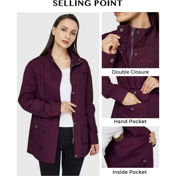 WenVen Womens Casual Military Jacket Cotton Stand Collar Utility Anorak CoatDeep Wine