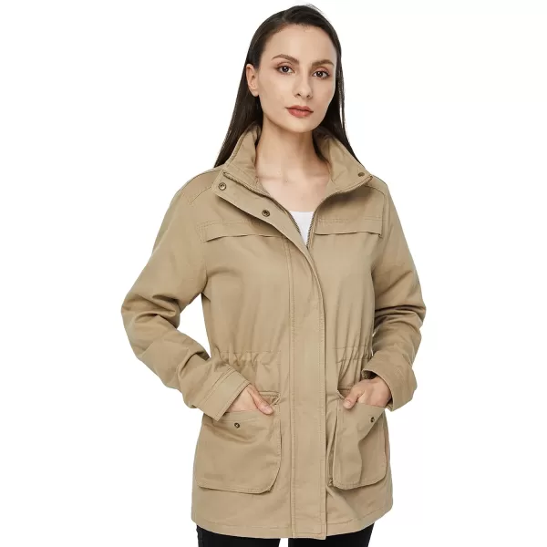 WenVen Womens Casual Military Jacket Cotton Stand Collar Utility Anorak CoatKhaki