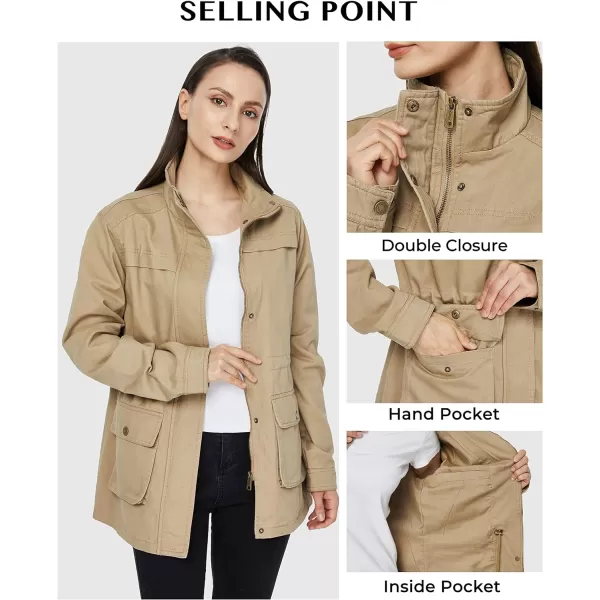 WenVen Womens Casual Military Jacket Cotton Stand Collar Utility Anorak CoatKhaki