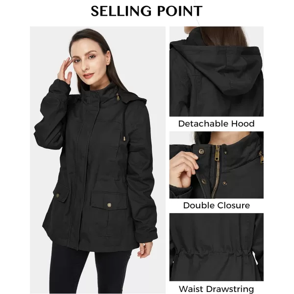 WenVen Womens Cotton Military Jacket Lightweight Casual Anorak Coat with HoodBlack
