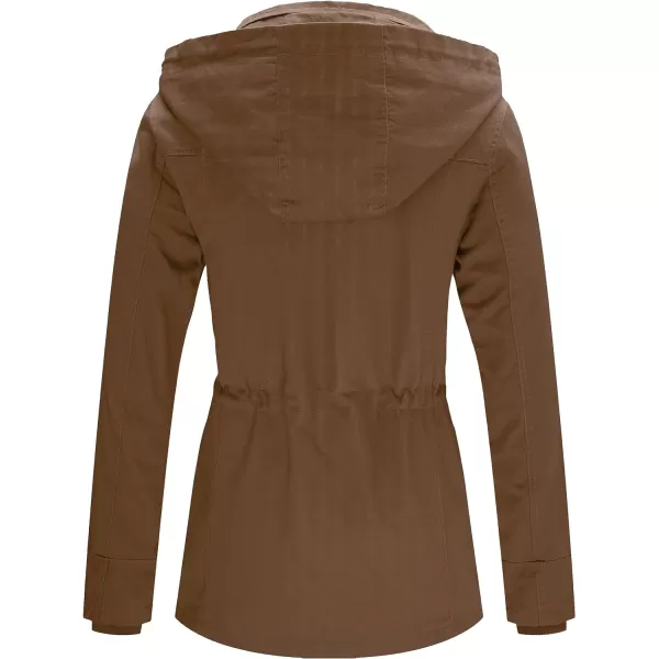 WenVen Womens Cotton Military Jacket Lightweight Casual Anorak Coat with HoodCoffee