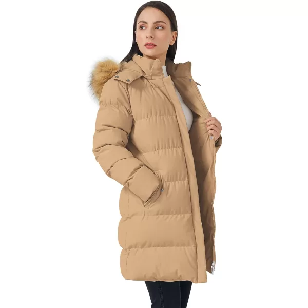 WenVen Womens Winter Thicken Puffer Coat Warm Jacket with Faux Fur Removable HoodLight Tan